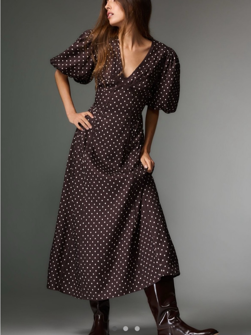 Lovaan Adeline Linen Blend Puff Sleeve Midi Dress